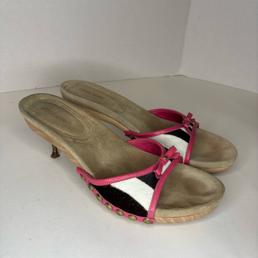 Miu Miu Black-and-White Haircalf Mules with Hot Pink Trim